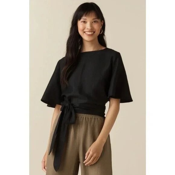 VETTA The Flutter Sleeve Wrap Top Black sz S Women's - Picture 3 of 10